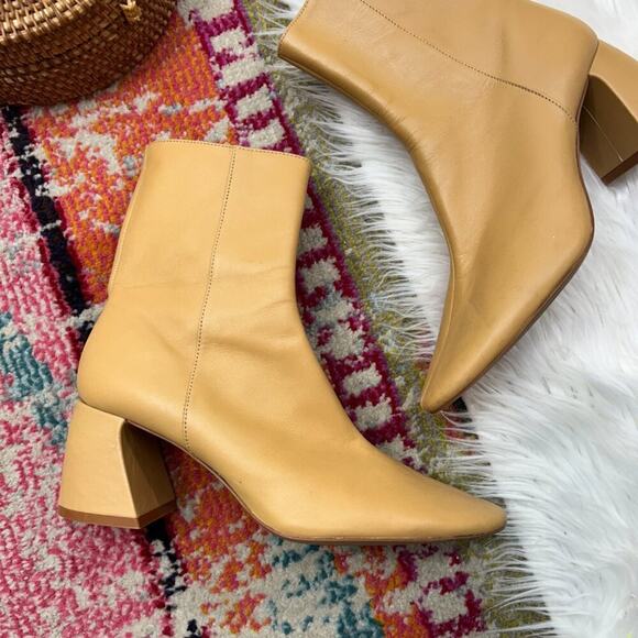 Zara Neutral Tan Square Toe Minimalist Block Heel Leather Ankle Boot 38/8 - Picture 2 of 10